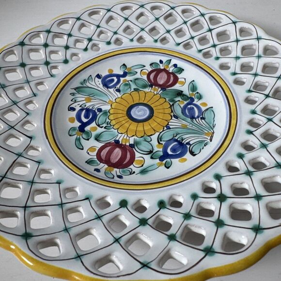Modra Decorative Plate With  Reticulated Lattice Floral Yellow White Green vtg - Picture 8 of 8
